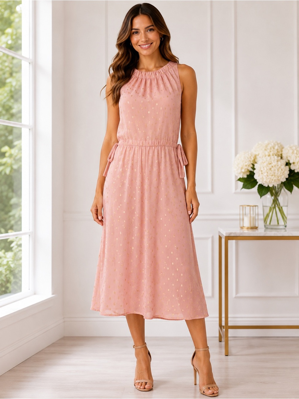 JUICY COUTURE Pink Midi Dress Peachskin Gold Foiled Cinched Halter NWT M